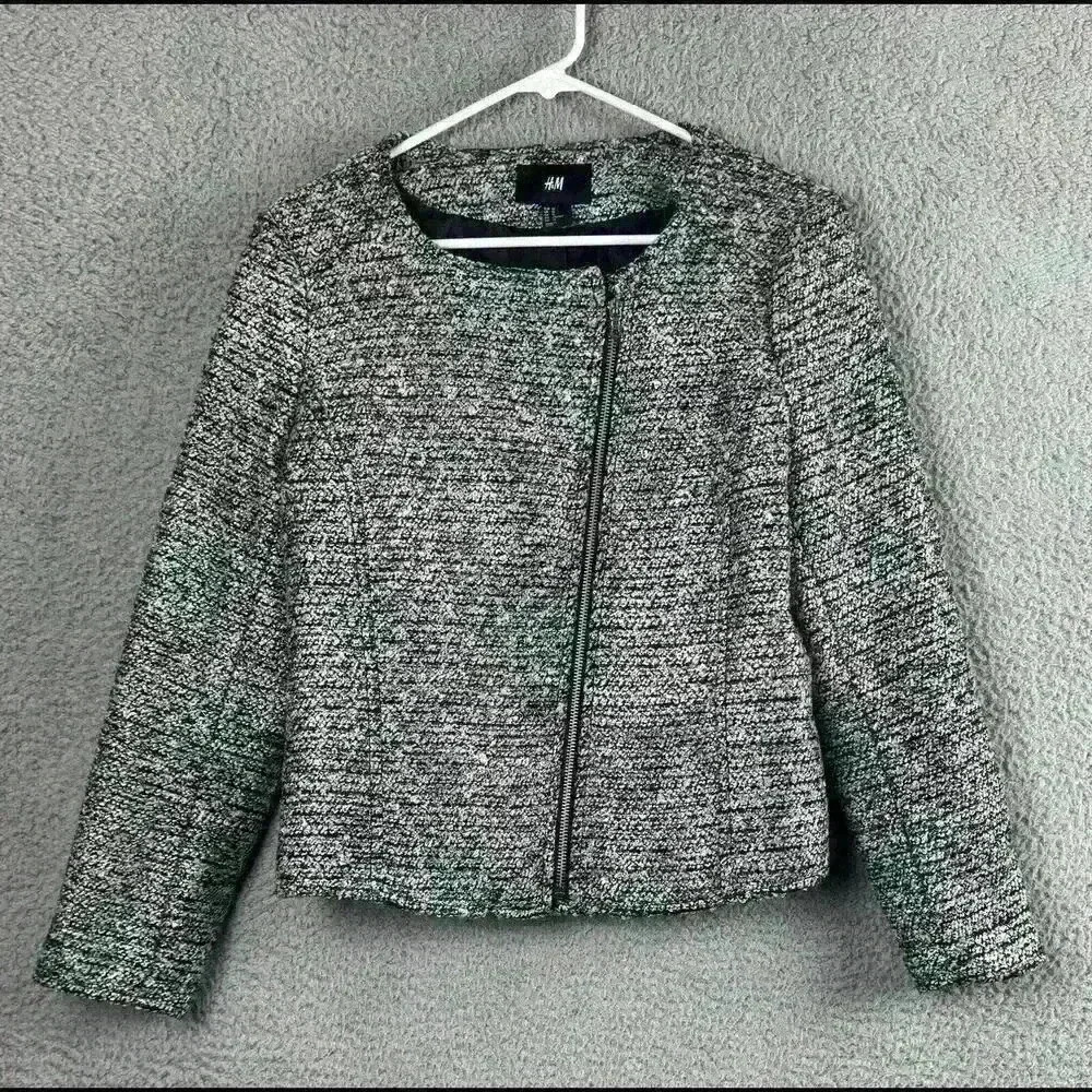 H&M Blazer Womens 12 Black White Ling Sleeve Lined Full Zip Round Neck Jacket